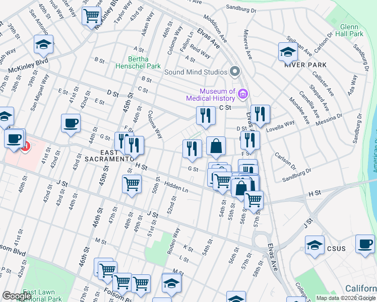 map of restaurants, bars, coffee shops, grocery stores, and more near 5241 F Street in Sacramento