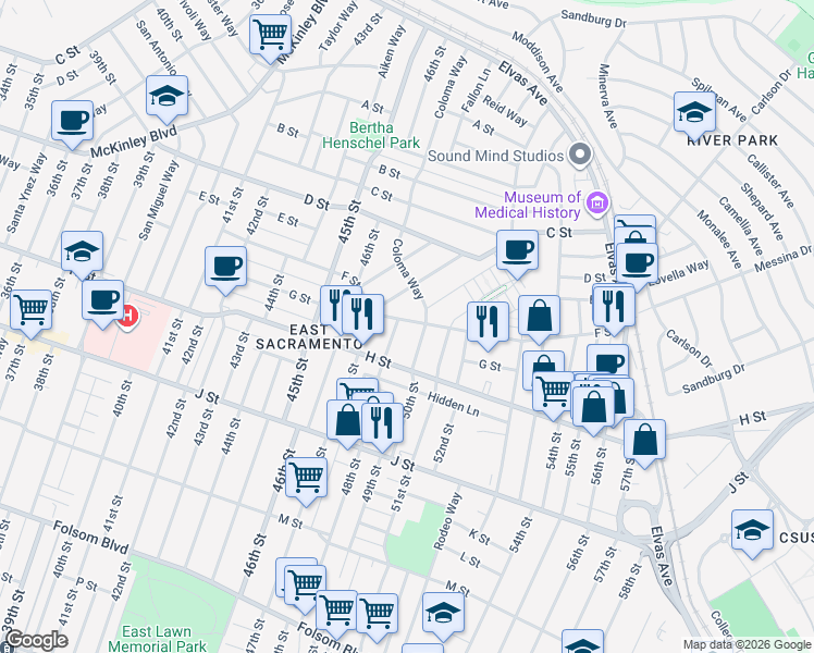 map of restaurants, bars, coffee shops, grocery stores, and more near 4975 F Street in Sacramento