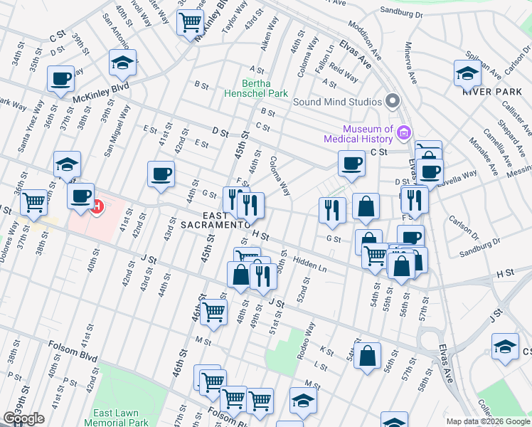 map of restaurants, bars, coffee shops, grocery stores, and more near 601 47th Street in Sacramento