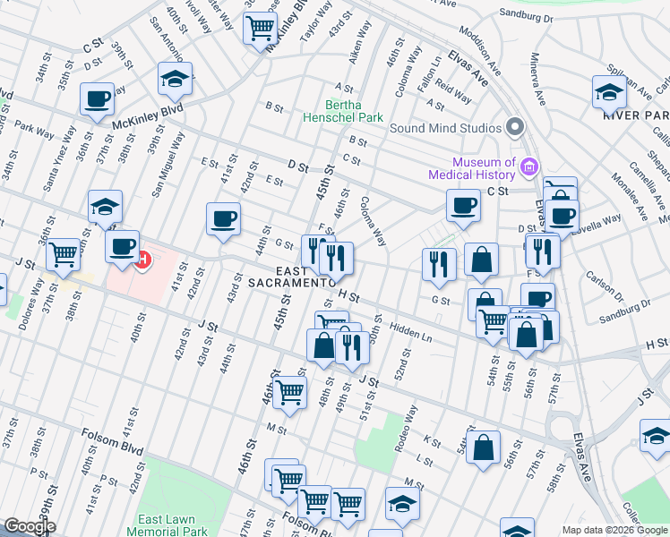 map of restaurants, bars, coffee shops, grocery stores, and more near 601 47th Street in Sacramento