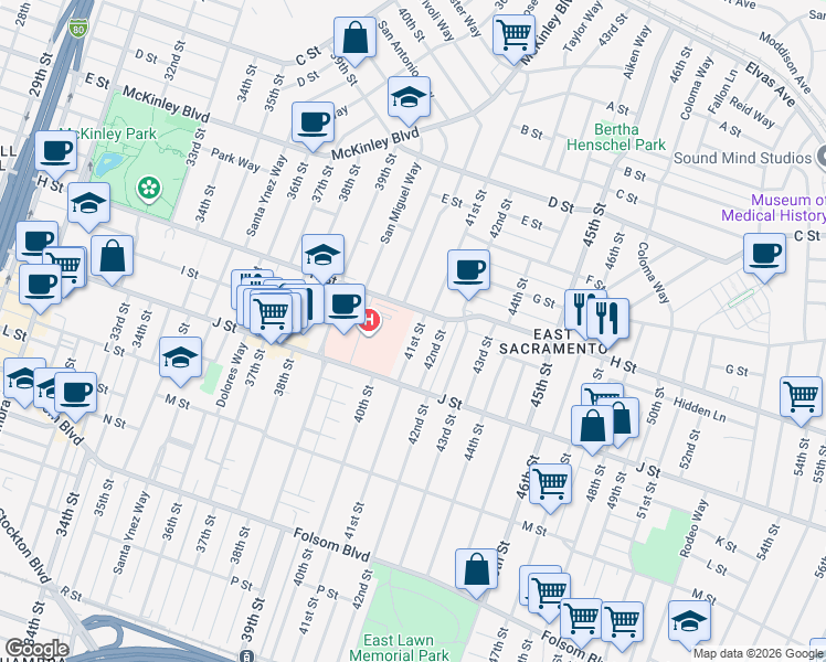 map of restaurants, bars, coffee shops, grocery stores, and more near 811 41st Street in Sacramento