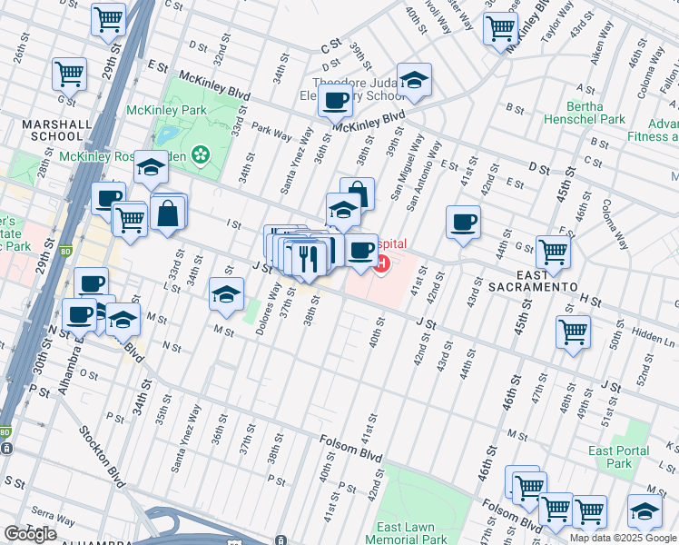 map of restaurants, bars, coffee shops, grocery stores, and more near 3865 J Street in Sacramento