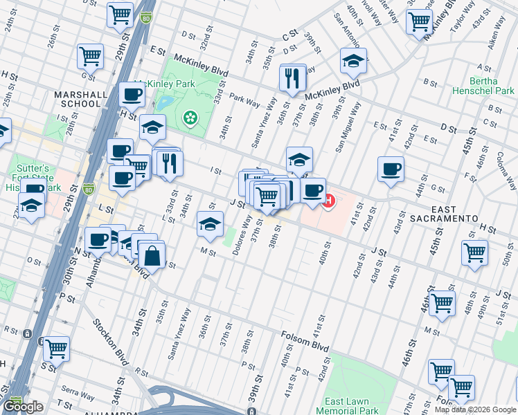map of restaurants, bars, coffee shops, grocery stores, and more near 3701 J Street in Sacramento