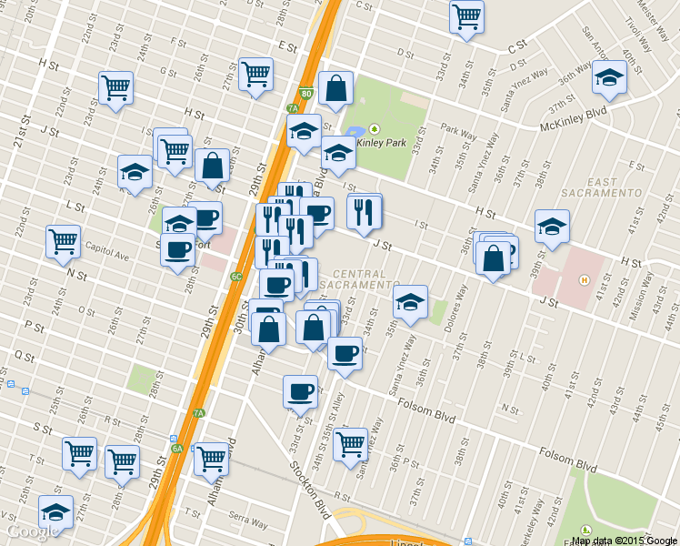 map of restaurants, bars, coffee shops, grocery stores, and more near 3161 L Street in Sacramento