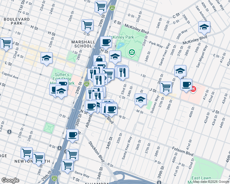 map of restaurants, bars, coffee shops, grocery stores, and more near 3161 L Street in Sacramento