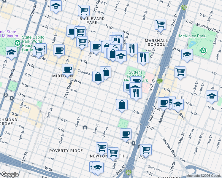 map of restaurants, bars, coffee shops, grocery stores, and more near in Sacramento