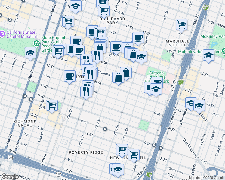 map of restaurants, bars, coffee shops, grocery stores, and more near 2310 N Street in Sacramento