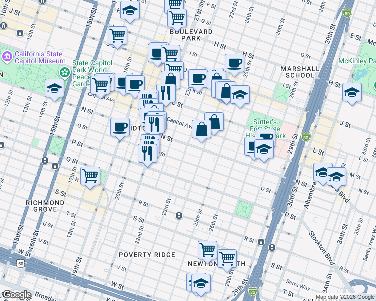 map of restaurants, bars, coffee shops, grocery stores, and more near 2310 N Street in Sacramento