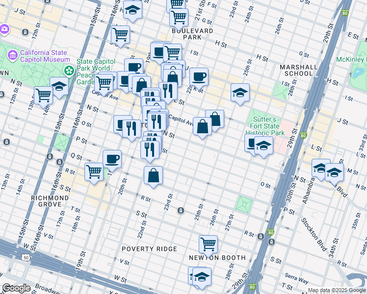 map of restaurants, bars, coffee shops, grocery stores, and more near 2204 N Street in Sacramento