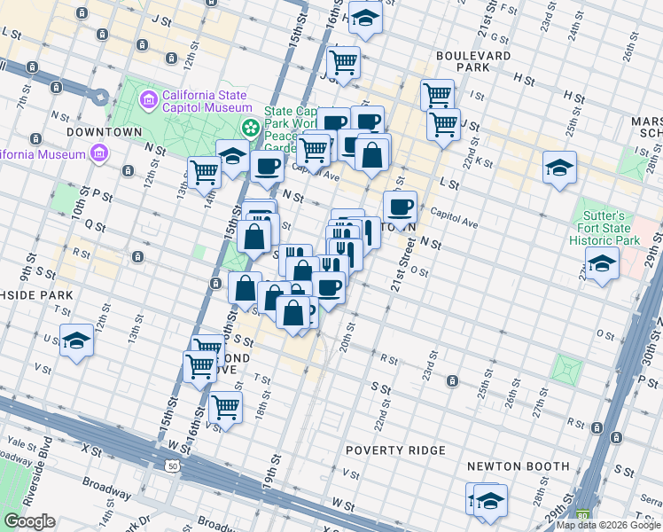 map of restaurants, bars, coffee shops, grocery stores, and more near 1801 P Street in Sacramento