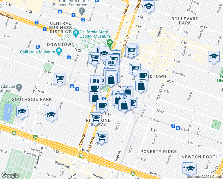 map of restaurants, bars, coffee shops, grocery stores, and more near 1609 16th Street in Sacramento