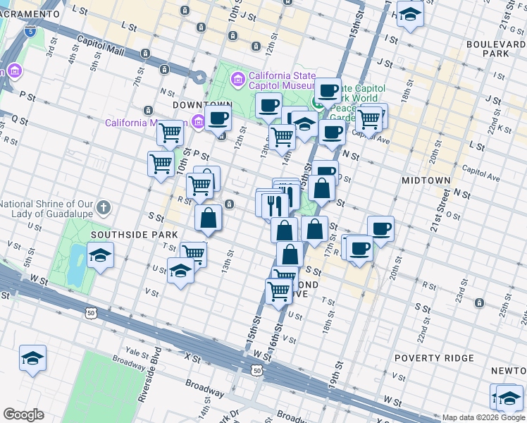 map of restaurants, bars, coffee shops, grocery stores, and more near 1701 14th Street in Sacramento