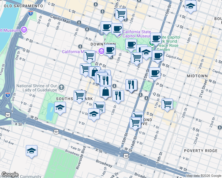 map of restaurants, bars, coffee shops, grocery stores, and more near 1213 R Street in Sacramento
