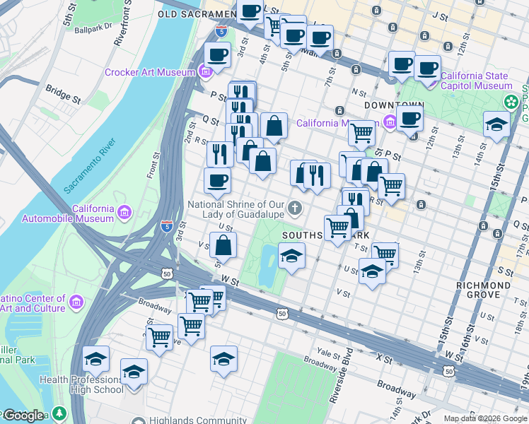 map of restaurants, bars, coffee shops, grocery stores, and more near 1921 6th Street in Sacramento