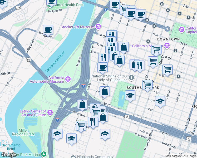 map of restaurants, bars, coffee shops, grocery stores, and more near 2021 3rd Street in Sacramento