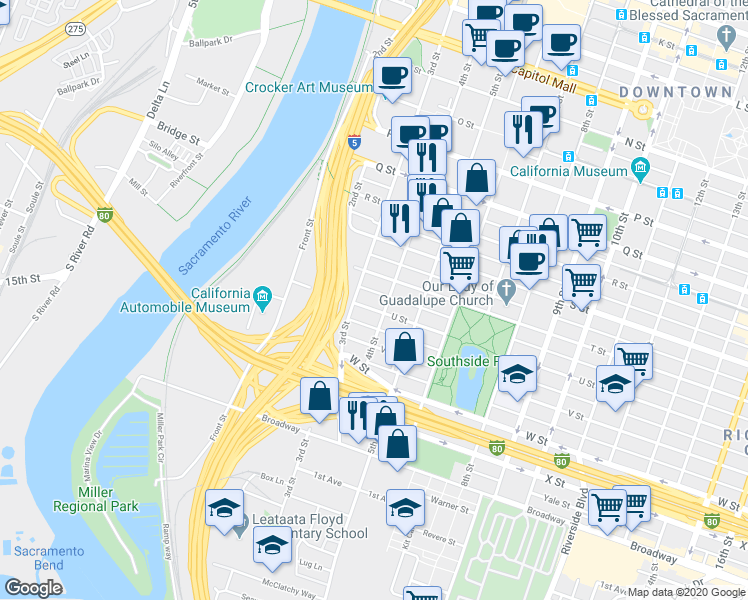 map of restaurants, bars, coffee shops, grocery stores, and more near 2021 3rd Street in Sacramento