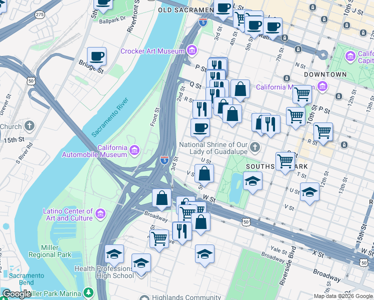 map of restaurants, bars, coffee shops, grocery stores, and more near 2021 3rd Street in Sacramento
