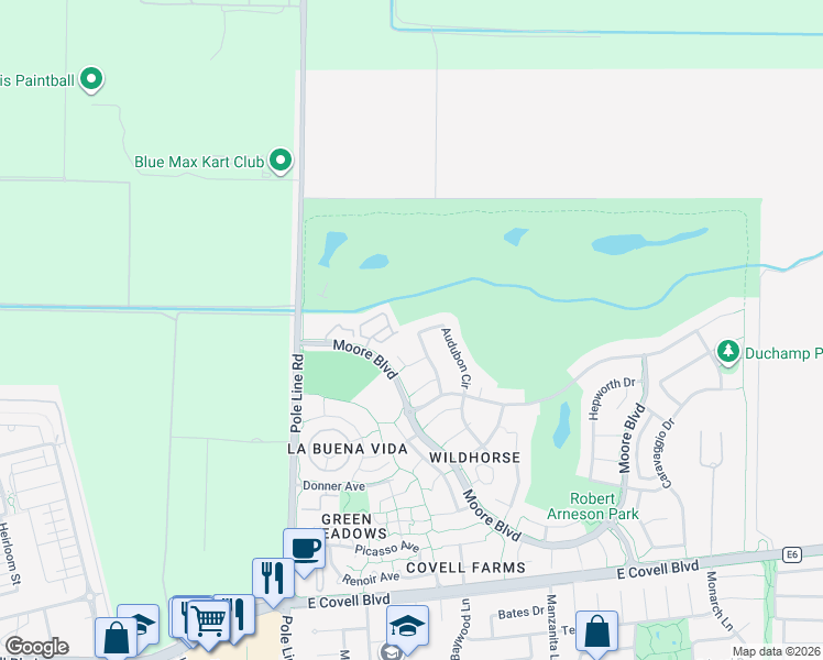 map of restaurants, bars, coffee shops, grocery stores, and more near 2933 Audubon Circle in Davis