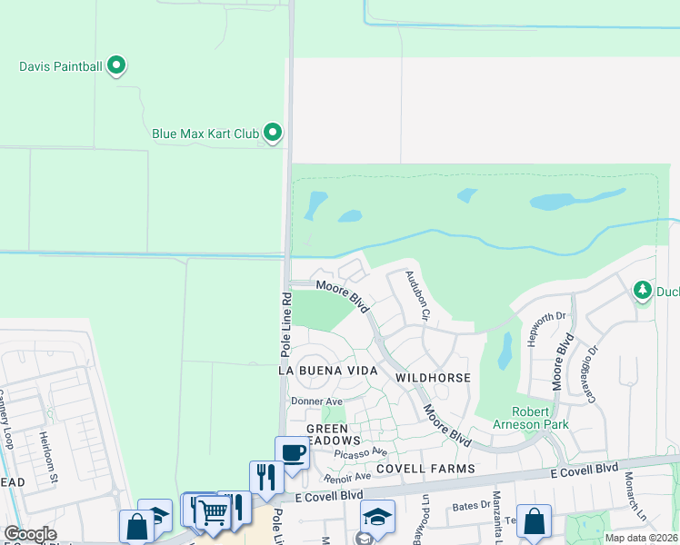 map of restaurants, bars, coffee shops, grocery stores, and more near 1818 Moore Boulevard in Davis