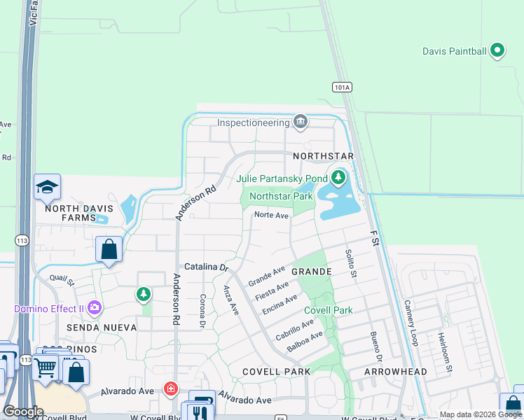map of restaurants, bars, coffee shops, grocery stores, and more near 425 Norte Avenue in Davis