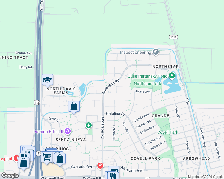 map of restaurants, bars, coffee shops, grocery stores, and more near 3109 Finch Street in Davis