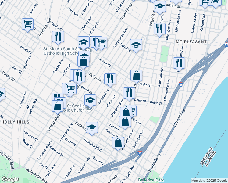 map of restaurants, bars, coffee shops, grocery stores, and more near in St. Louis