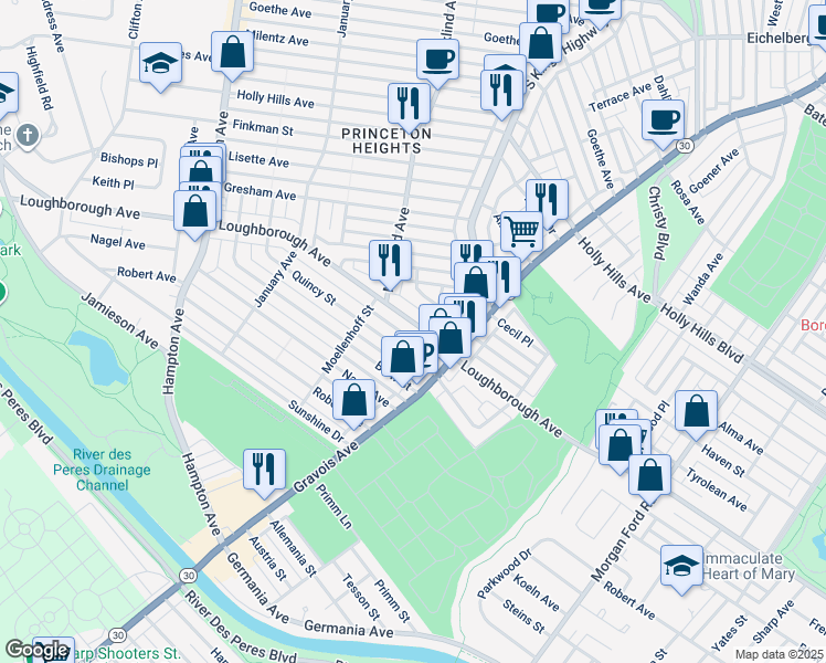 map of restaurants, bars, coffee shops, grocery stores, and more near 4953 Loughborough Avenue in St. Louis