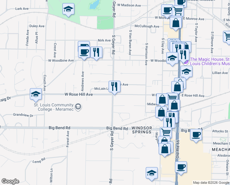 map of restaurants, bars, coffee shops, grocery stores, and more near 650 South Geyer Road in St. Louis