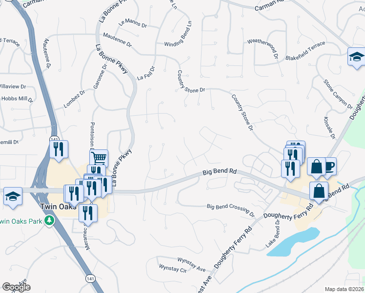 map of restaurants, bars, coffee shops, grocery stores, and more near 919 Imperial Point in Ballwin