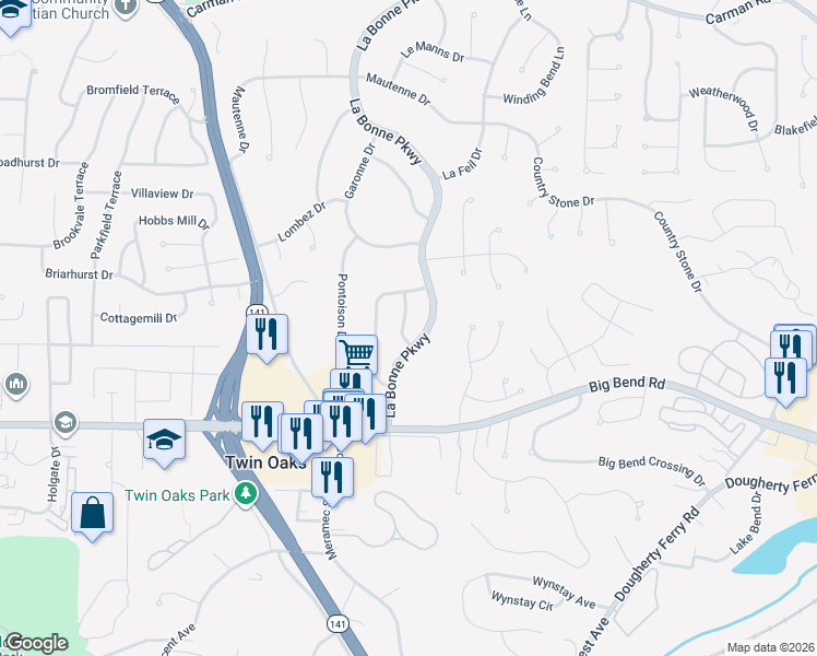 map of restaurants, bars, coffee shops, grocery stores, and more near 917 La Cherie Drive in Ballwin