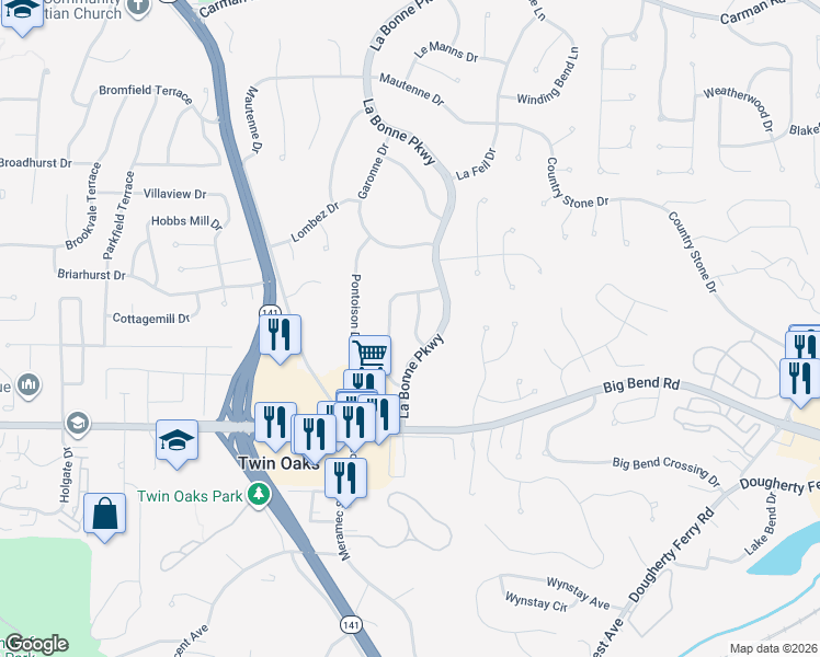 map of restaurants, bars, coffee shops, grocery stores, and more near 917 La Cherie Drive in Ballwin