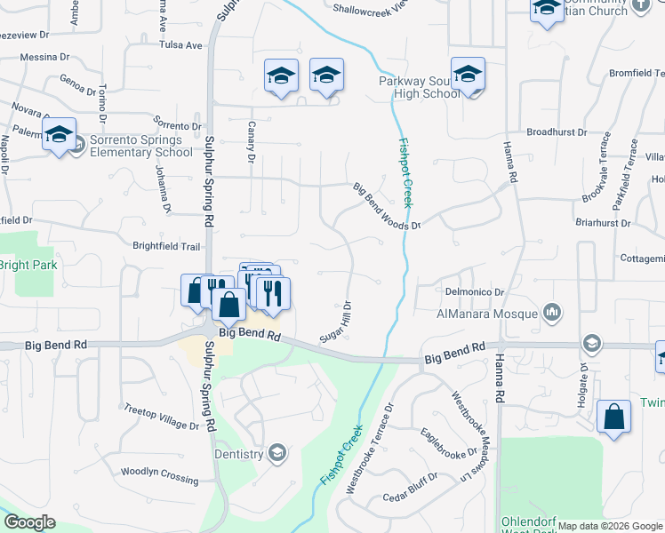 map of restaurants, bars, coffee shops, grocery stores, and more near 706 Shallowford Drive in Ballwin