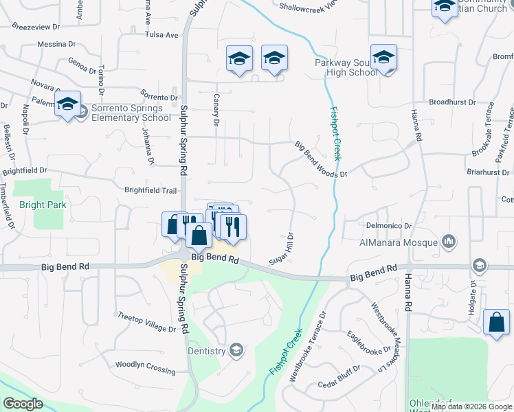 map of restaurants, bars, coffee shops, grocery stores, and more near 635 Applecross Court in Ballwin