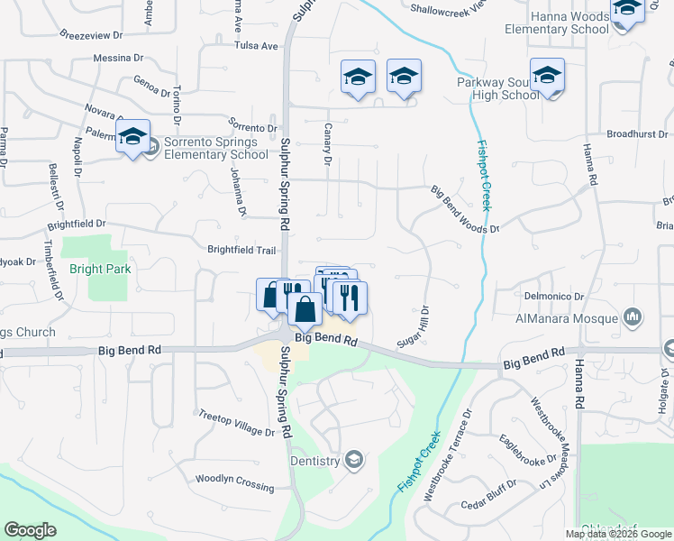 map of restaurants, bars, coffee shops, grocery stores, and more near 549 Treetop Trail Drive in Ballwin