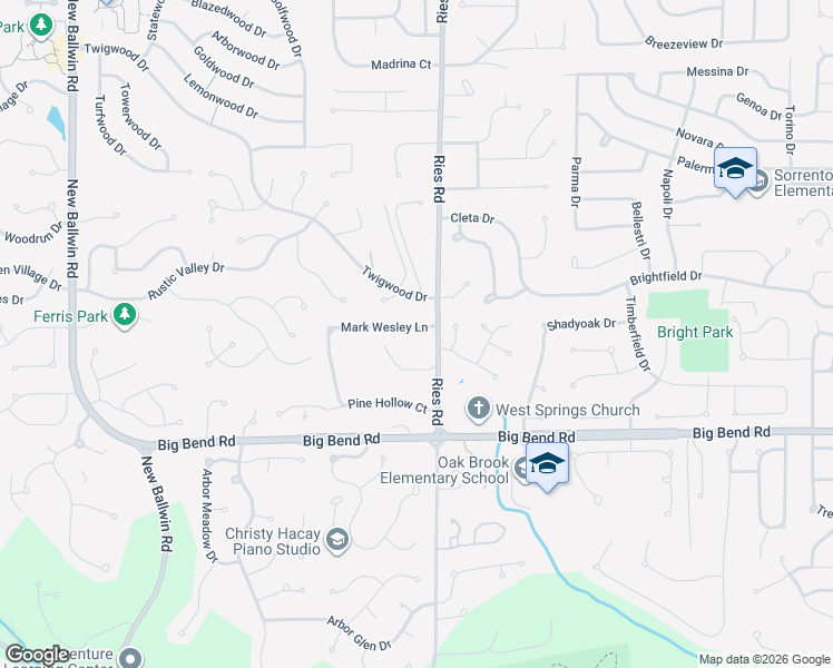 map of restaurants, bars, coffee shops, grocery stores, and more near 414 Mark Wesley Lane in Ballwin