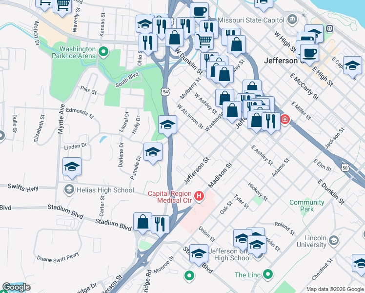 map of restaurants, bars, coffee shops, grocery stores, and more near 1000 Washington St in Jefferson City