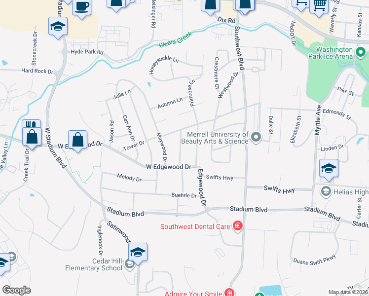 map of restaurants, bars, coffee shops, grocery stores, and more near 1025 Dogwood Drive in Jefferson City