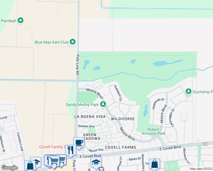 map of restaurants, bars, coffee shops, grocery stores, and more near 2933 Audubon Circle in Davis