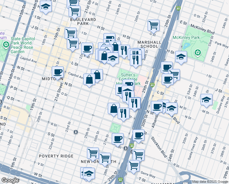 map of restaurants, bars, coffee shops, grocery stores, and more near 2600 Capitol Avenue in Sacramento