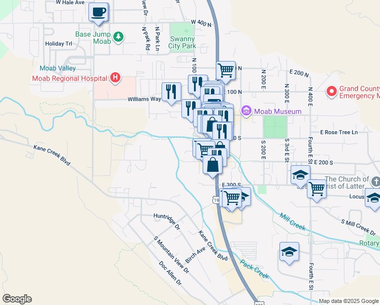 map of restaurants, bars, coffee shops, grocery stores, and more near 100 West 200 South in Moab