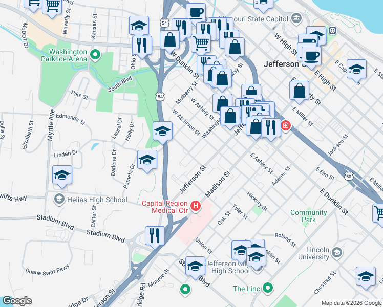 map of restaurants, bars, coffee shops, grocery stores, and more near 110 West Fillmore Street in Jefferson City