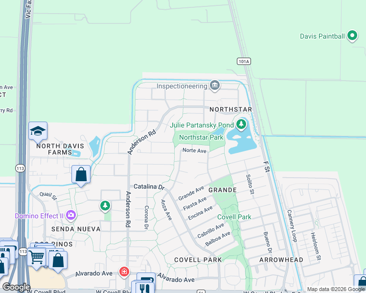 map of restaurants, bars, coffee shops, grocery stores, and more near 425 Norte Avenue in Davis