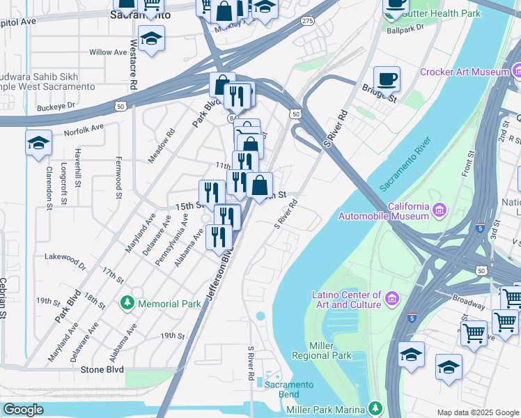 map of restaurants, bars, coffee shops, grocery stores, and more near 31 15th St in West Sacramento