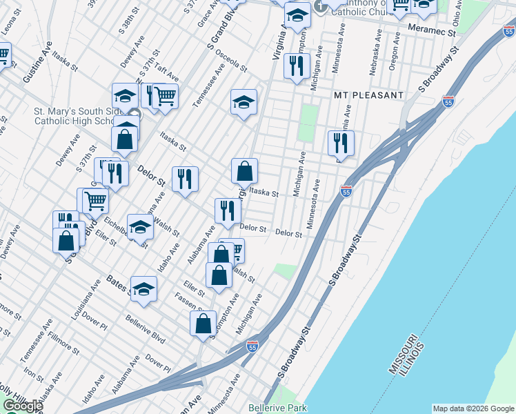 map of restaurants, bars, coffee shops, grocery stores, and more near 3229 Liberty Street in St. Louis