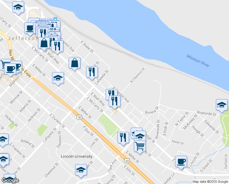 map of restaurants, bars, coffee shops, grocery stores, and more near 812 East Capitol Avenue in Jefferson City