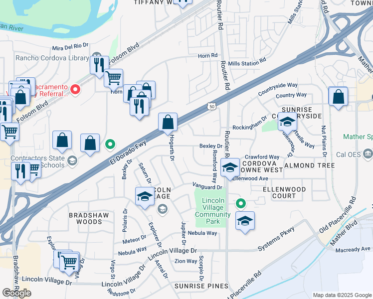 map of restaurants, bars, coffee shops, grocery stores, and more near 9984 Bexley Drive in Sacramento