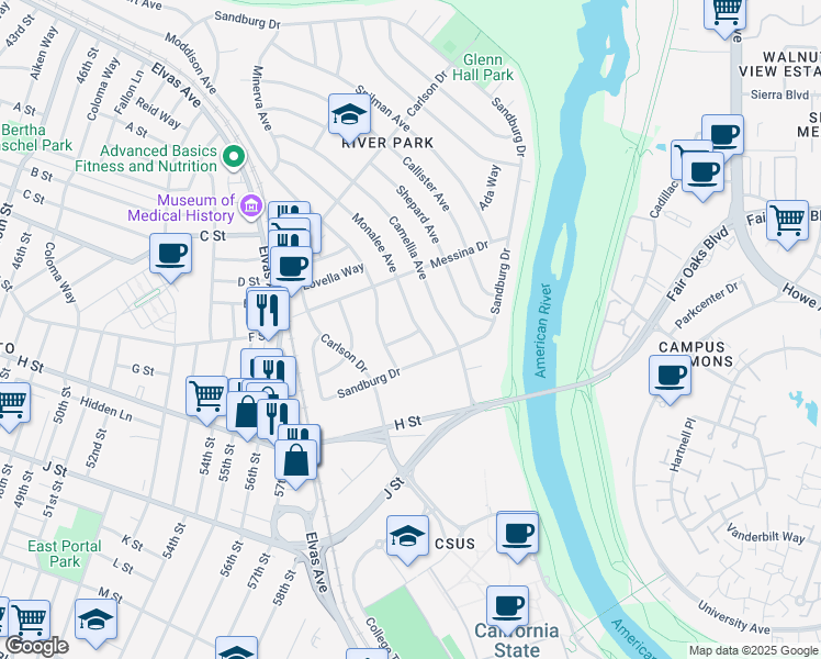 map of restaurants, bars, coffee shops, grocery stores, and more near 5738 Monalee Avenue in Sacramento