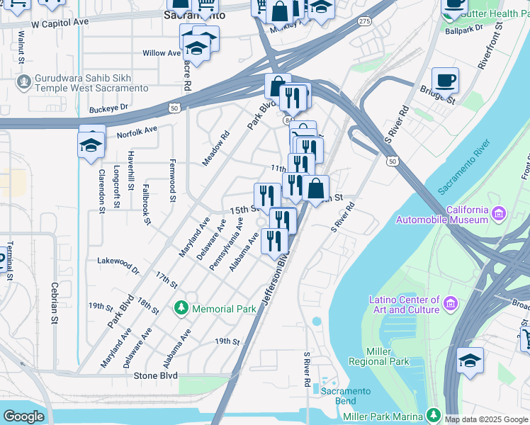 map of restaurants, bars, coffee shops, grocery stores, and more near 113 15th Street in West Sacramento