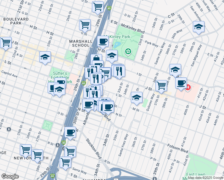 map of restaurants, bars, coffee shops, grocery stores, and more near 3209 L Street in Sacramento