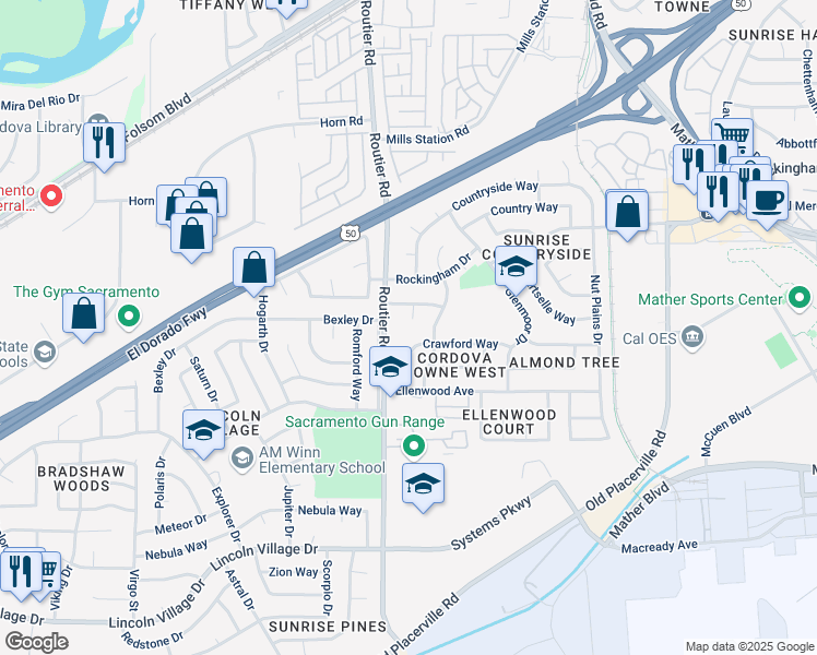 map of restaurants, bars, coffee shops, grocery stores, and more near 10126 Reba Court in Sacramento